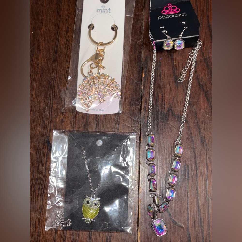 Silver gold jewelry accessories bundle owl necklace costume peacock keychain fun